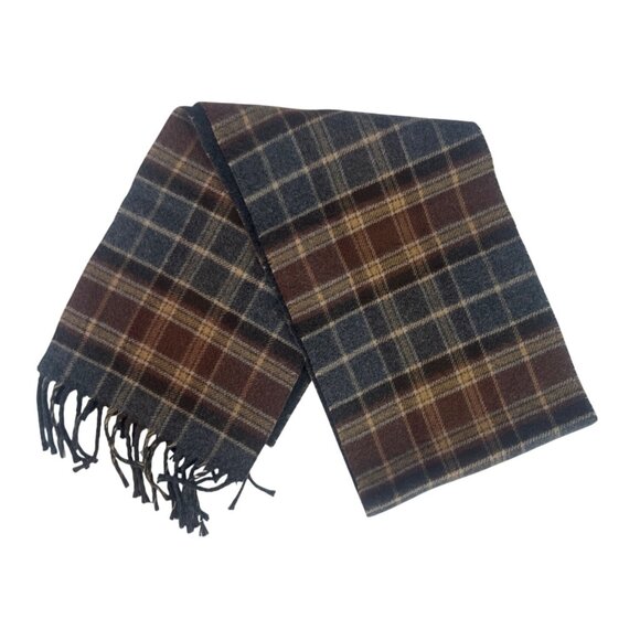 Chaps Plaid Scarf Mens Fringe Edge Brown Gray Italy Warm Winter Soft - Picture 1 of 4